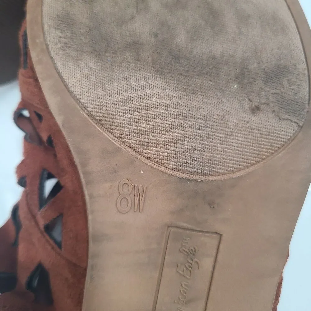 American Eagle Laser/Die Cut Brown Raquel Block Heel Open Toe Sandal Womens 8W